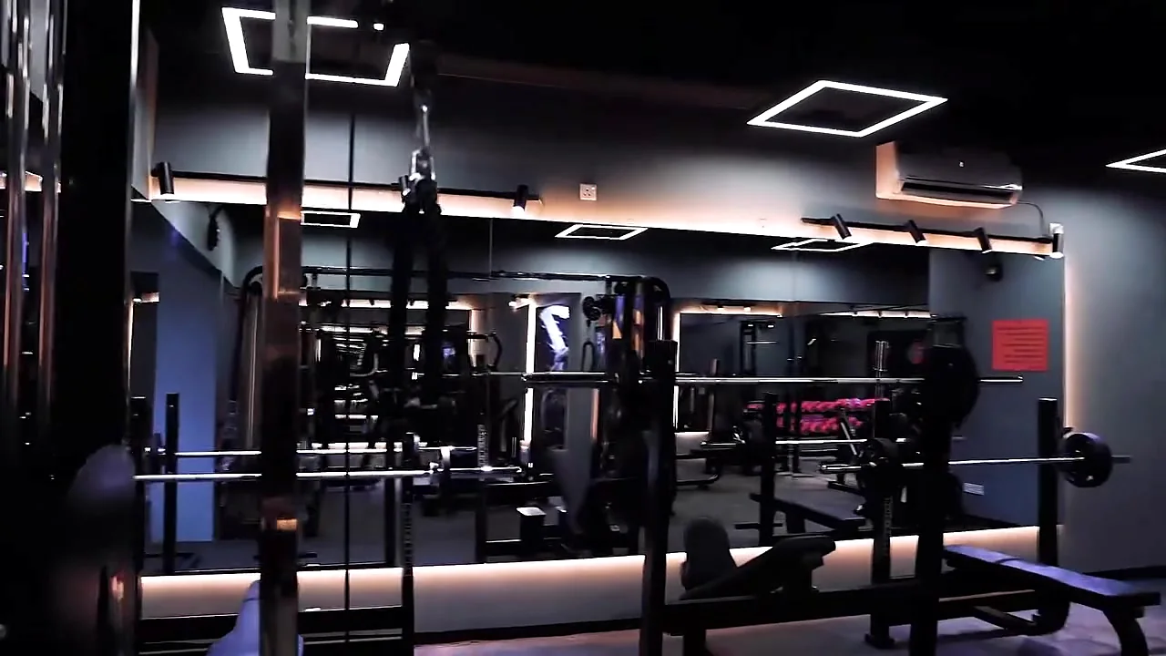 The strength floor under the LED squares at night
